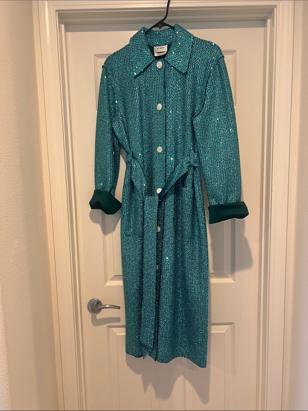 Teal Sequin Long Sleeve Coat with Belt